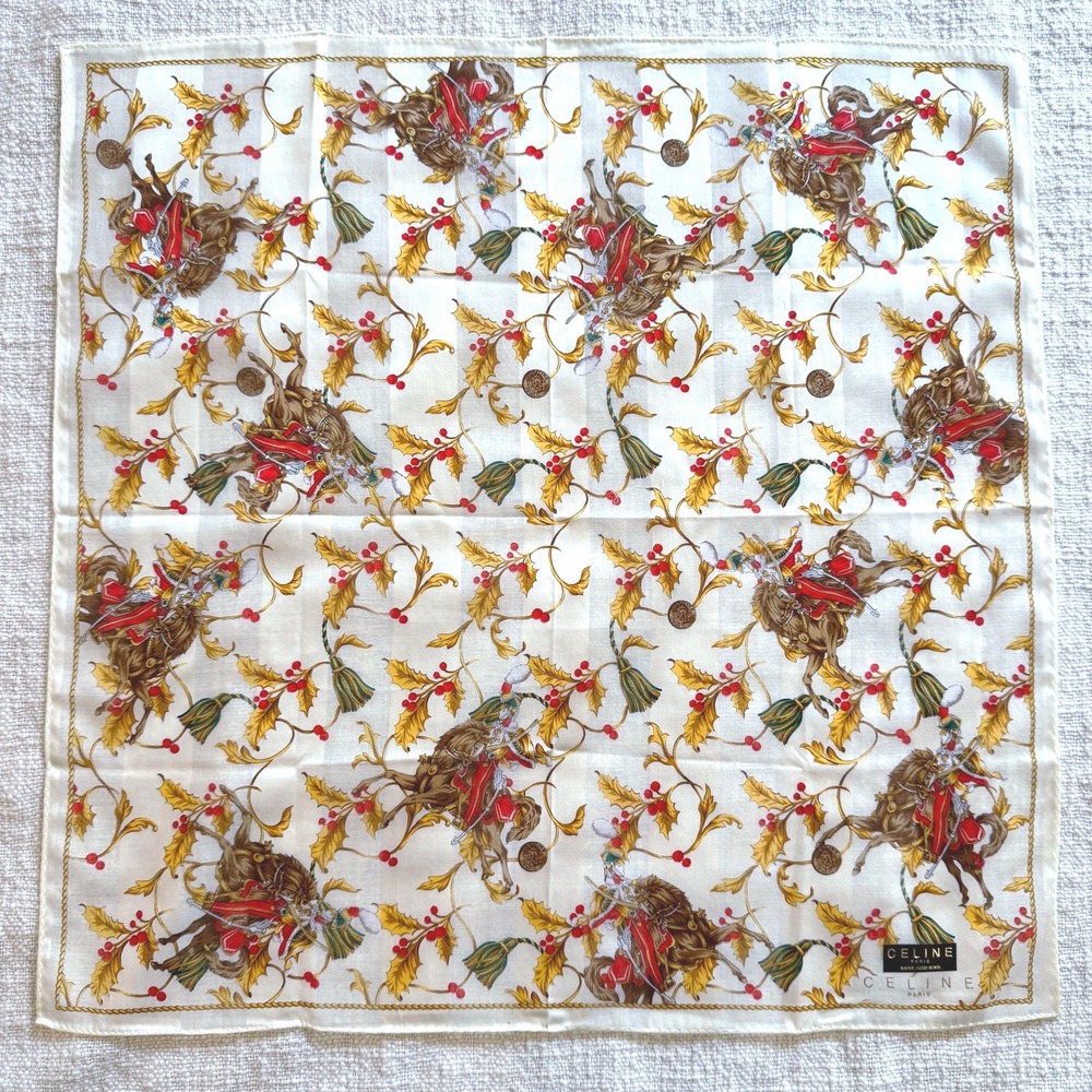 Vintage CELINE Paris Cotton Holiday Holly Equestrian Scarf Ivory & Gold PRISTINE